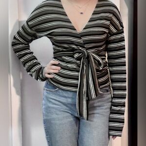 Free People Black White Striped Wrap Tie Front Top XL